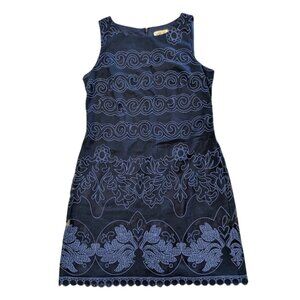 ELIZA J Scalloped Lace Shift Dress 10 Navy Blue Lace Overlay Swirls Floral